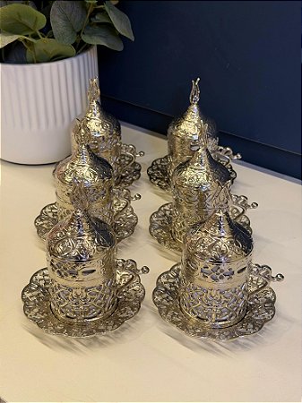 Jogo de Xícaras Turca - Metal - Cerâmica - Prata