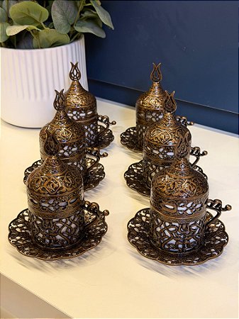 Jogo de Xícaras Turca - Metal - Cerâmica - Cobre Envelhecido