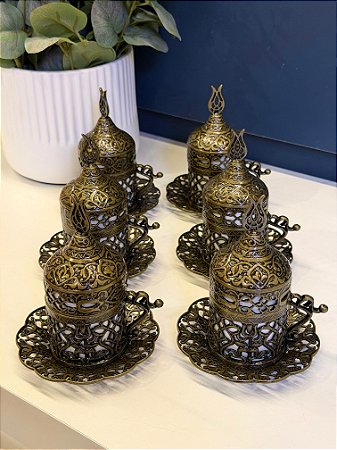 Jogo de Xícaras Turca - Metal - Cerâmica - Dourado Envelhecido