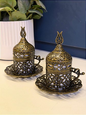 Par de Xícaras Turca - Metal - Cerâmica - Dourado Envelhecido