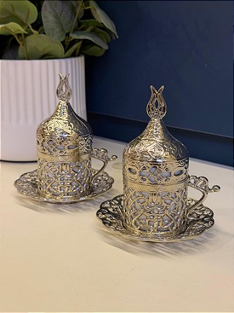 Par de Xícaras Turca - Metal - Cerâmica - Prata