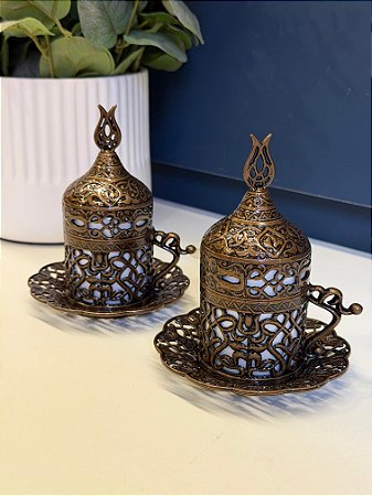 Par de Xícaras Turca - Metal - Cerâmica - Cobre Envelhecido