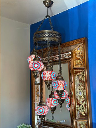 Luminária de Teto Turca 7 Globos Média Vermelho e Azul