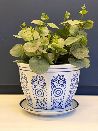 Cachepot em Cerâmica - Azul e Branco - 19CM