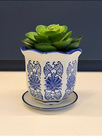 Cachepot em Cerâmica - Azul e Branco - 11CM