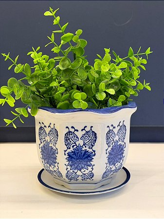 Cachepot em Cerâmica - Azul e Branco - 15CM