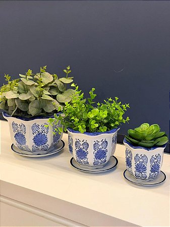 Kit Cachepot em Cerâmica - 3 Peças - Azul e Branco