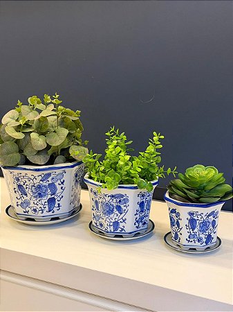 Kit Cachepot em Cerâmica - 3 Peças - Azul e Branco