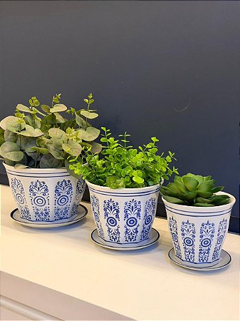 Kit Cachepot em Cerâmica - 3 Peças - Azul e Branco