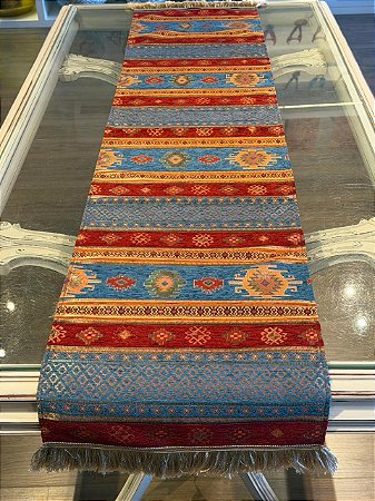 Caminho de Mesa em Jacquard - Azul e Vermelho