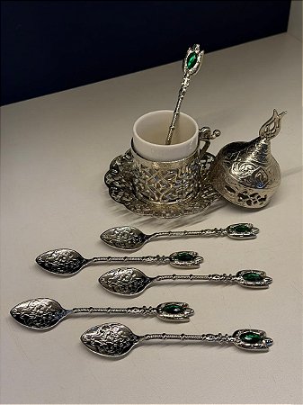 Jogo de Colheres - Turcas - Metal - Prata e Verde