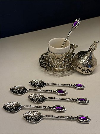 Jogo de Colheres - Turcas - Metal - Prata e Roxo