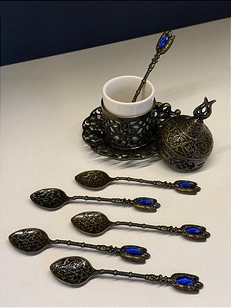 Jogo de Colheres - Turcas - Metal - Dourado Envelhecido e Azul