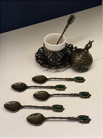 Jogo de Colheres - Turcas - Metal - Dourado Envelhecido e Verde