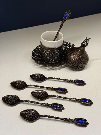 Jogo de Colheres - Turcas - Metal - Cobre e Azul