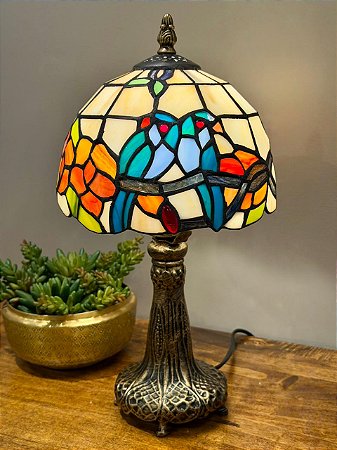 Abajur Tiffany - Vitral - Ouro Velho - Pássaros