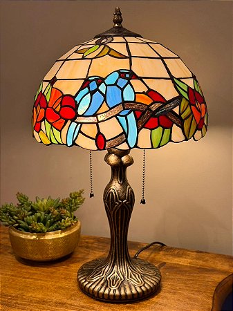 Abajur Tiffany - Vitral - Ouro Velho - Pássaros