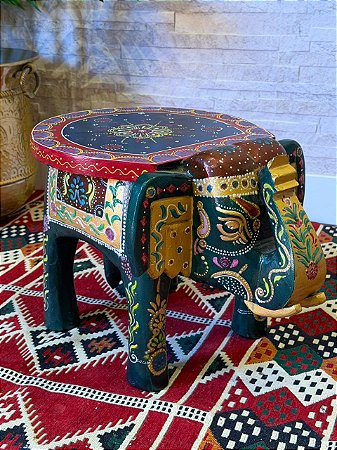 Banqueta - Elefante - Madeira - Pintado à Mão - Verde e Colorido - 30cm