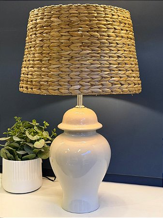 Abajur - Cerâmica - Off White com Cúpula de Palha