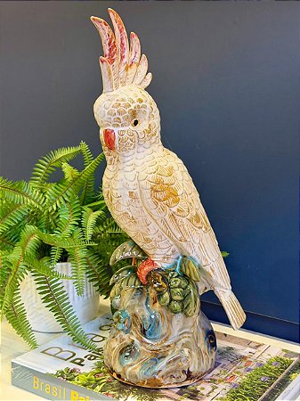 Escultura Cacatua - Decorativa - Cerâmica - Branca e Colorido