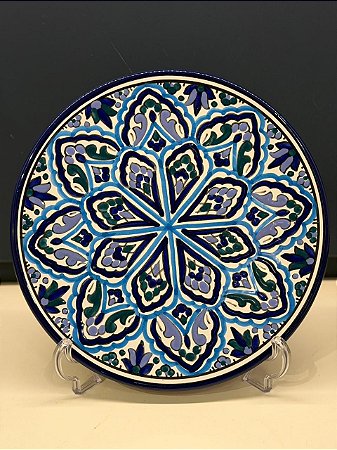 Prato de Parede Grande - Tunísia - Decorativo - Cerâmica - Pintado à mão - Azul e Lilás