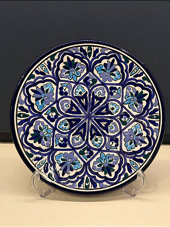 Prato de Parede Grande - Tunísia - Decorativo - Cerâmica - Pintado à mão - Azul e Lilás