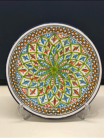 Prato de Parede Grande - Tunísia - Decorativo - Cerâmica - Pintado à mão - Verde e Colorido