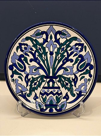 Prato de Parede Médio - Tunísia - Decorativo - Cerâmica - Pintado à mão - Azul, Verde e Lilás
