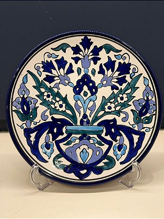 Prato de Parede Médio - Tunísia - Decorativo - Cerâmica - Pintado à mão - Azul, Verde e Lilás
