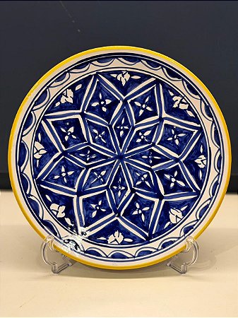 Prato de Parede Médio - Tunísia - Decorativo - Cerâmica - Pintado à mão - Azul, Amarelo