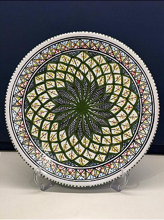 Prato de Parede - Tunísia - Decorativo - Cerâmica - Pintado à mão - Verde e Colorido