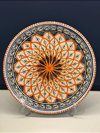 Prato de Parede - Tunísia - Decorativo - Cerâmica - Pintado à mão - Laranja e Colorido
