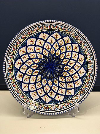 Prato de Parede - Tunísia - Decorativo - Cerâmica - Pintado à mão - Azul e Colorido