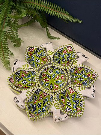 Petisqueira com Prato - Cerâmica - Tunísia - Camelo - Pintado à mão - Verde e Colorido