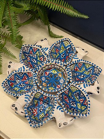 Petisqueira com Prato - Cerâmica - Tunísia - Camelo - Pintado à mão - Azul e Colorido