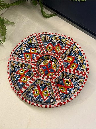 Petisqueira com Prato - Cerâmica - Tunísia - Pintado à mão - Vermelho e Colorido