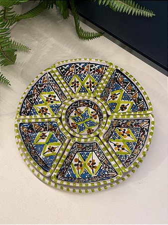 Petisqueira com Prato - Cerâmica - Tunísia - Pintado à mão - Verde e Colorido