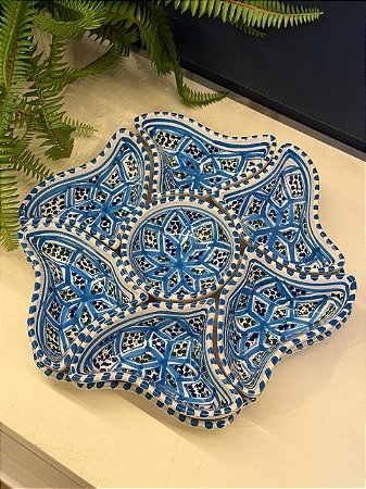 Petisqueira com Prato - Cerâmica - Tunísia - Pintado à mão - Azul Claro