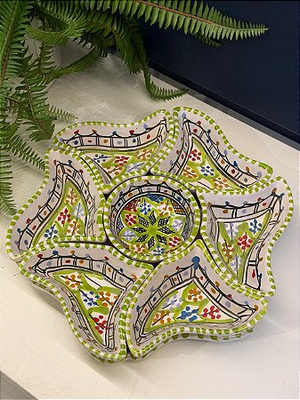 Petisqueira com Prato - Cerâmica - Tunísia - Pintado à mão - Verde e Colorido