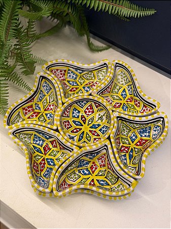 Petisqueira com Prato - Cerâmica - Tunísia - Pintado à mão - Amarelo e Colorido