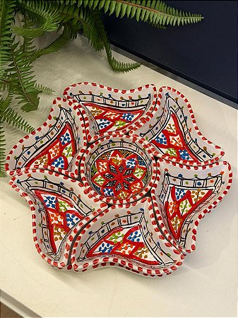 Petisqueira com Prato - Cerâmica - Tunísia - Pintado à mão - Vermelho e Colorido