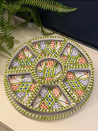 Petisqueira com Prato - Cerâmica - Tunísia - Pintado à mão - Verde Claro e Colorido