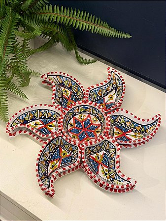 Petisqueira com Prato - Cerâmica - Tunísia - Pintado à mão - Vermelho e Colorido