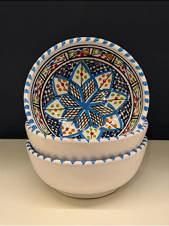 Bowl - Cerâmica - Tunísia - Tamanho Grande - Azul Claro e Colorido