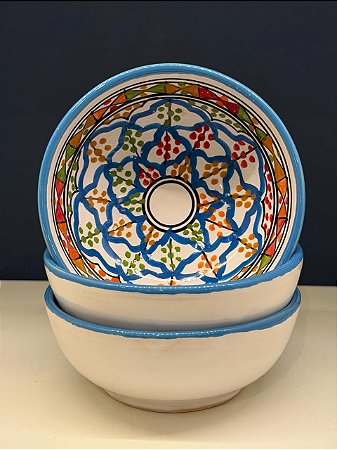 Bowl - Cerâmica - Tunísia - Tamanho Grande - Azul Claro e Colorido