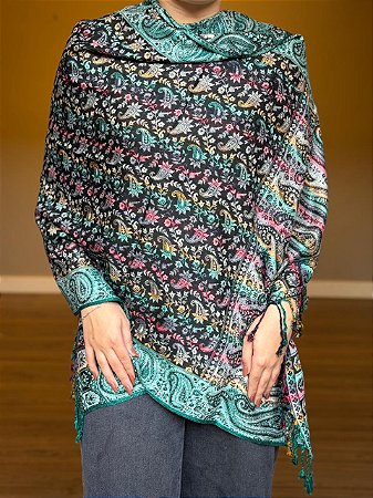 Pashmina de Viscose - Estampada - Dupla Face - Preto, Turquesa e Colorido