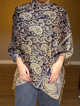 Pashmina de Viscose - Estampada - Dupla Face - Azul Escuro e Bege