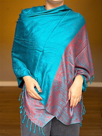 Pashmina de Viscose - Estampada - Turquesa e Vermelho