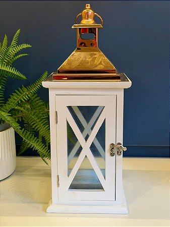 Lanterna - Madeira e Metal - Branco e Rose Gold - 40CM