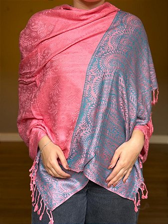 Pashmina de Viscose - Estampada - Rosa e Turquesa